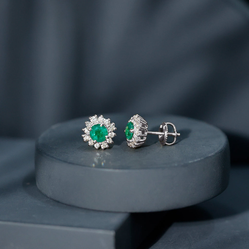 Classic Emerald Stud Earrings with Diamond Halo