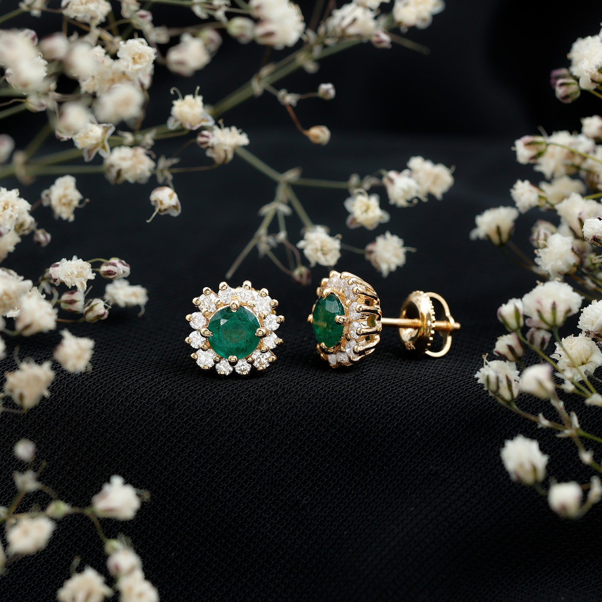Classic Emerald Stud Earrings with Diamond Halo
