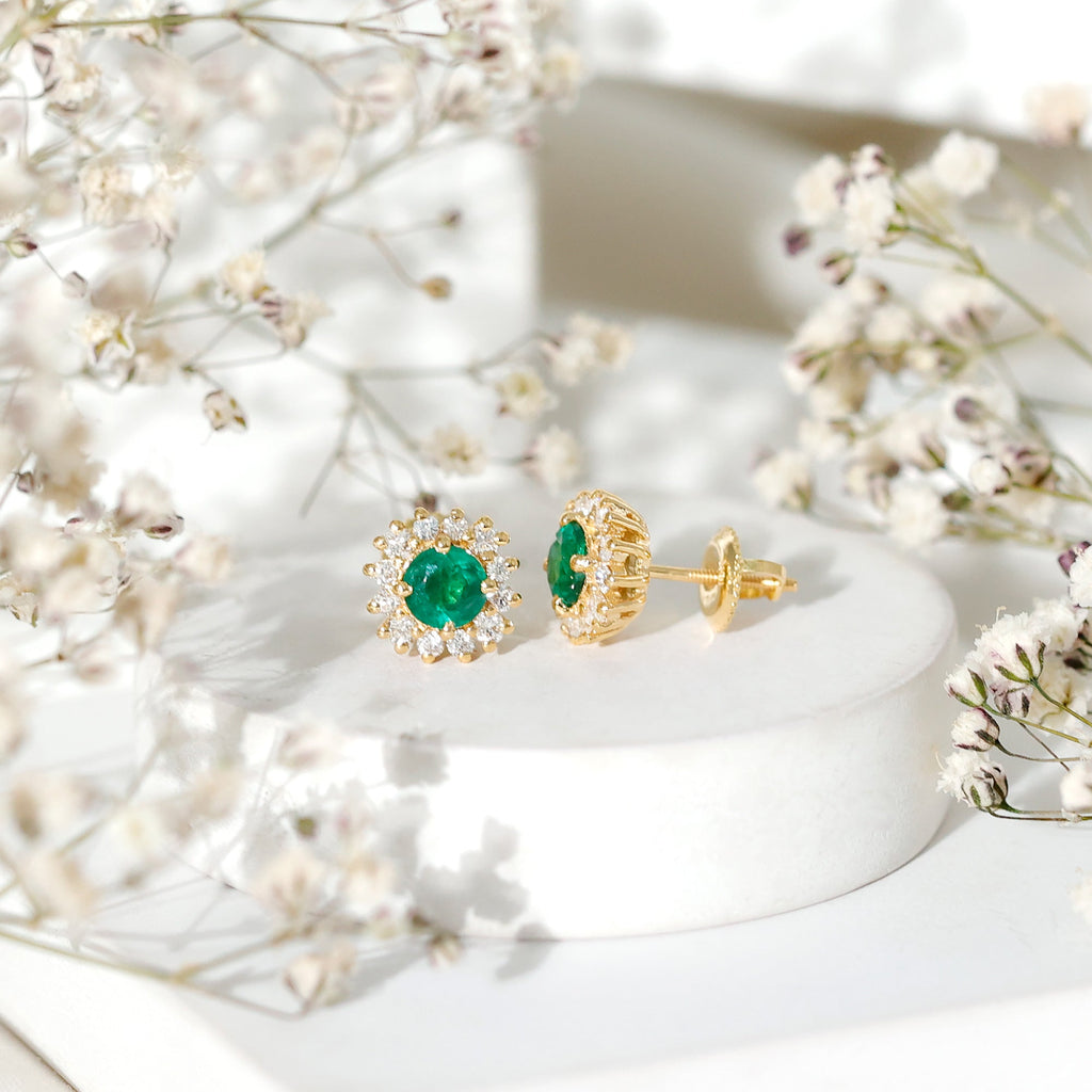 Classic Emerald Stud Earrings with Diamond Halo