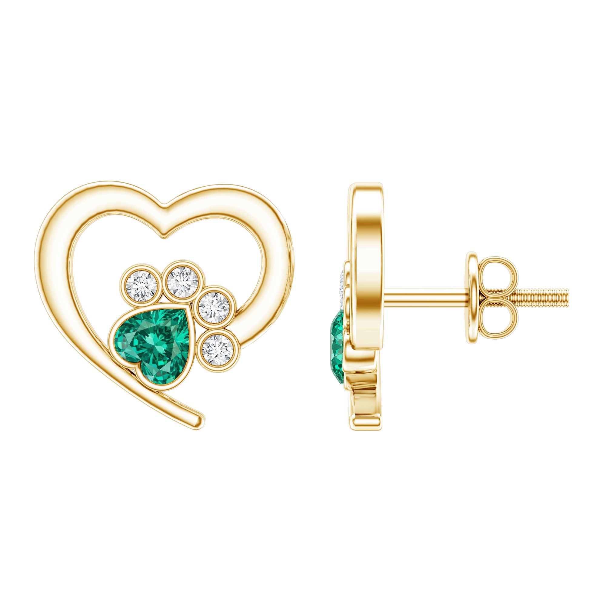 Lab Created Emerald and Moissanite Heart Paw Stud Earrings | Earrings | Wiccan Center