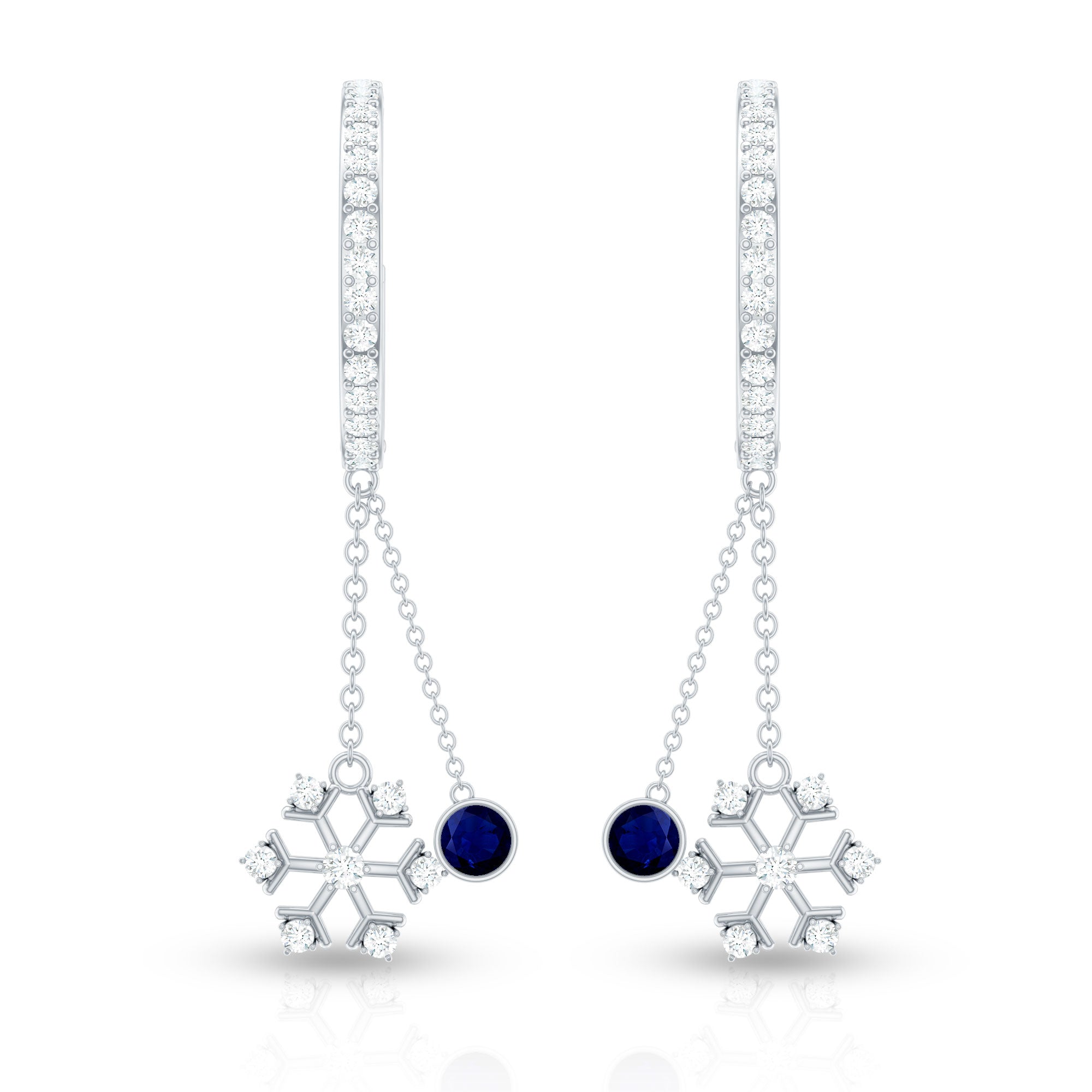 Real Blue Sapphire and Diamond Snowflake Dangle Hoop Earrings