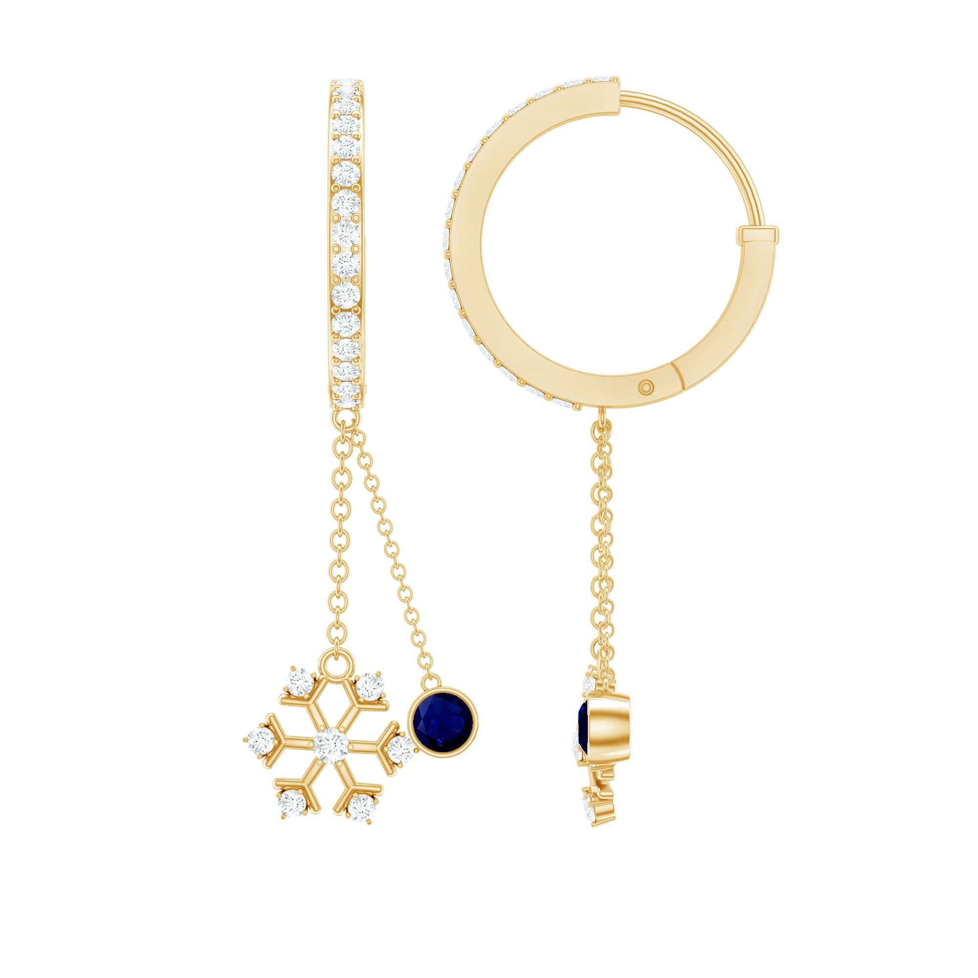 Real Blue Sapphire and Diamond Snowflake Dangle Hoop Earrings | Earrings | Wiccan Center