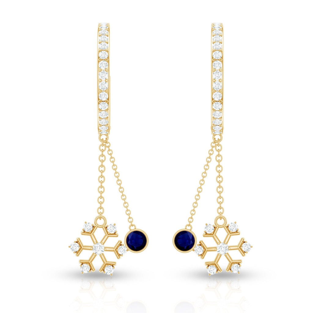 Real Blue Sapphire and Diamond Snowflake Dangle Hoop Earrings