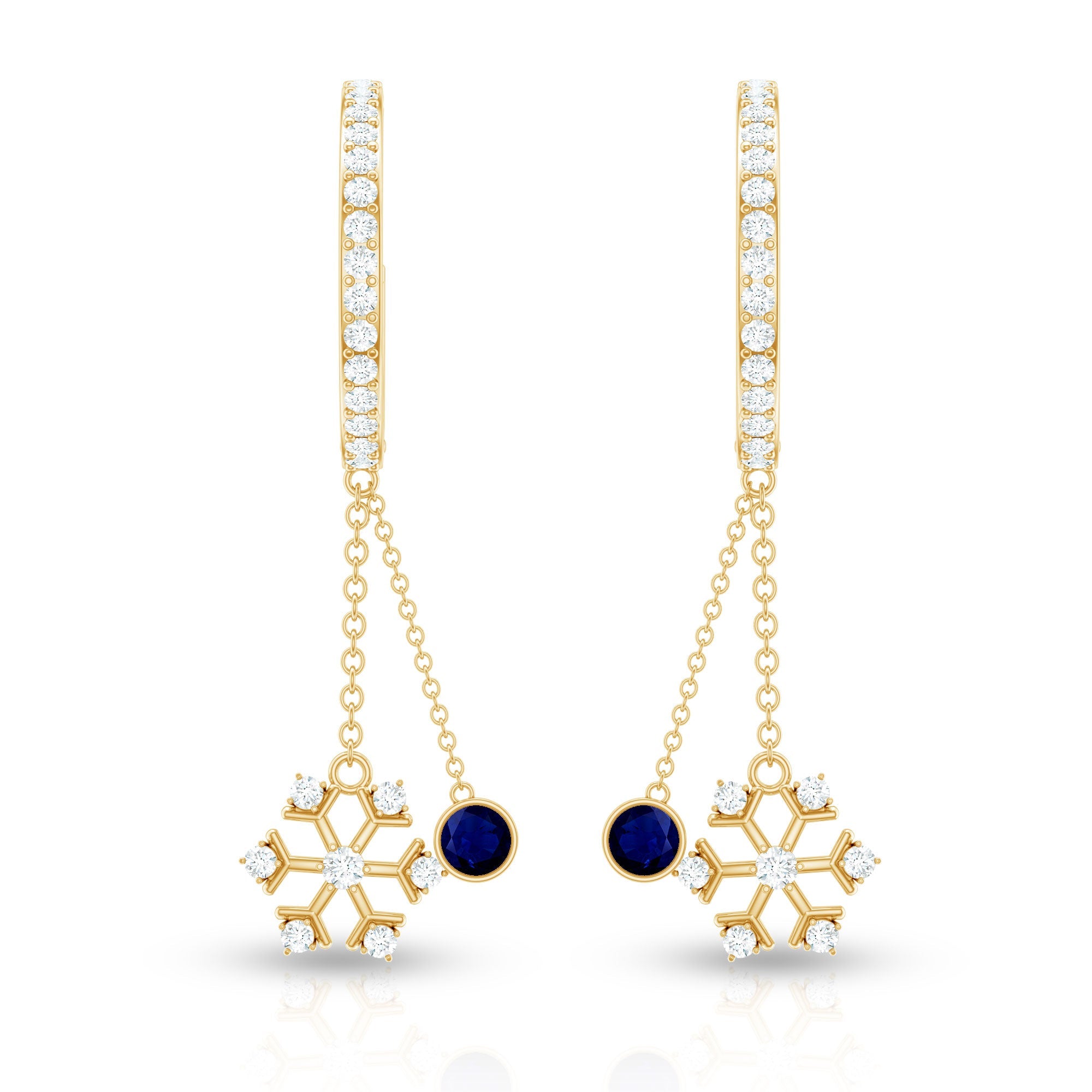 Real Blue Sapphire and Diamond Snowflake Dangle Hoop Earrings