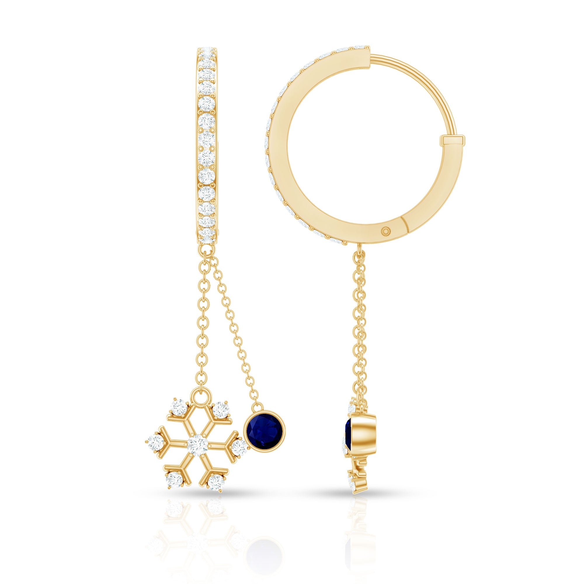 Real Blue Sapphire and Diamond Snowflake Dangle Hoop Earrings