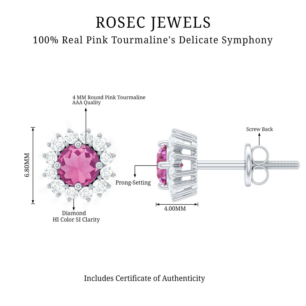 Natural Pink Tourmaline Stud Earrings with Diamond Halo