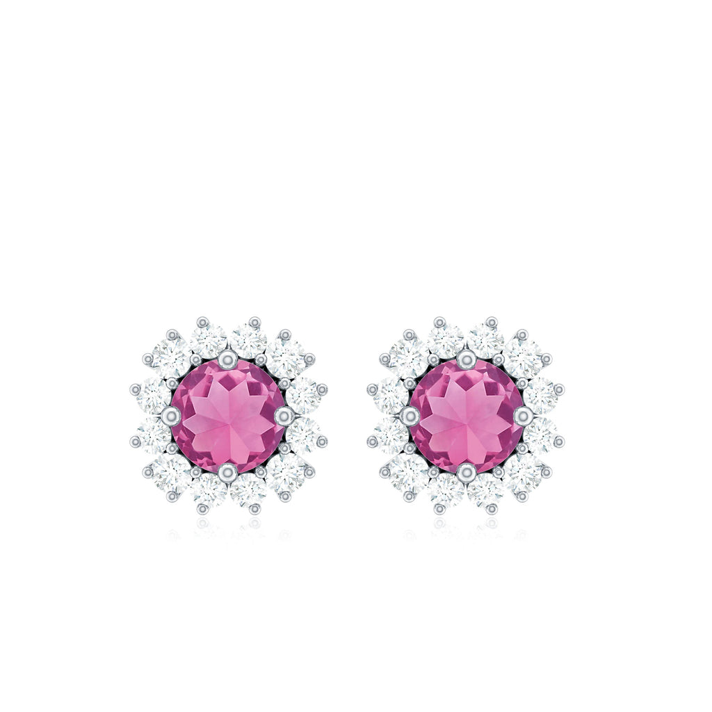 Natural Pink Tourmaline Stud Earrings with Diamond Halo