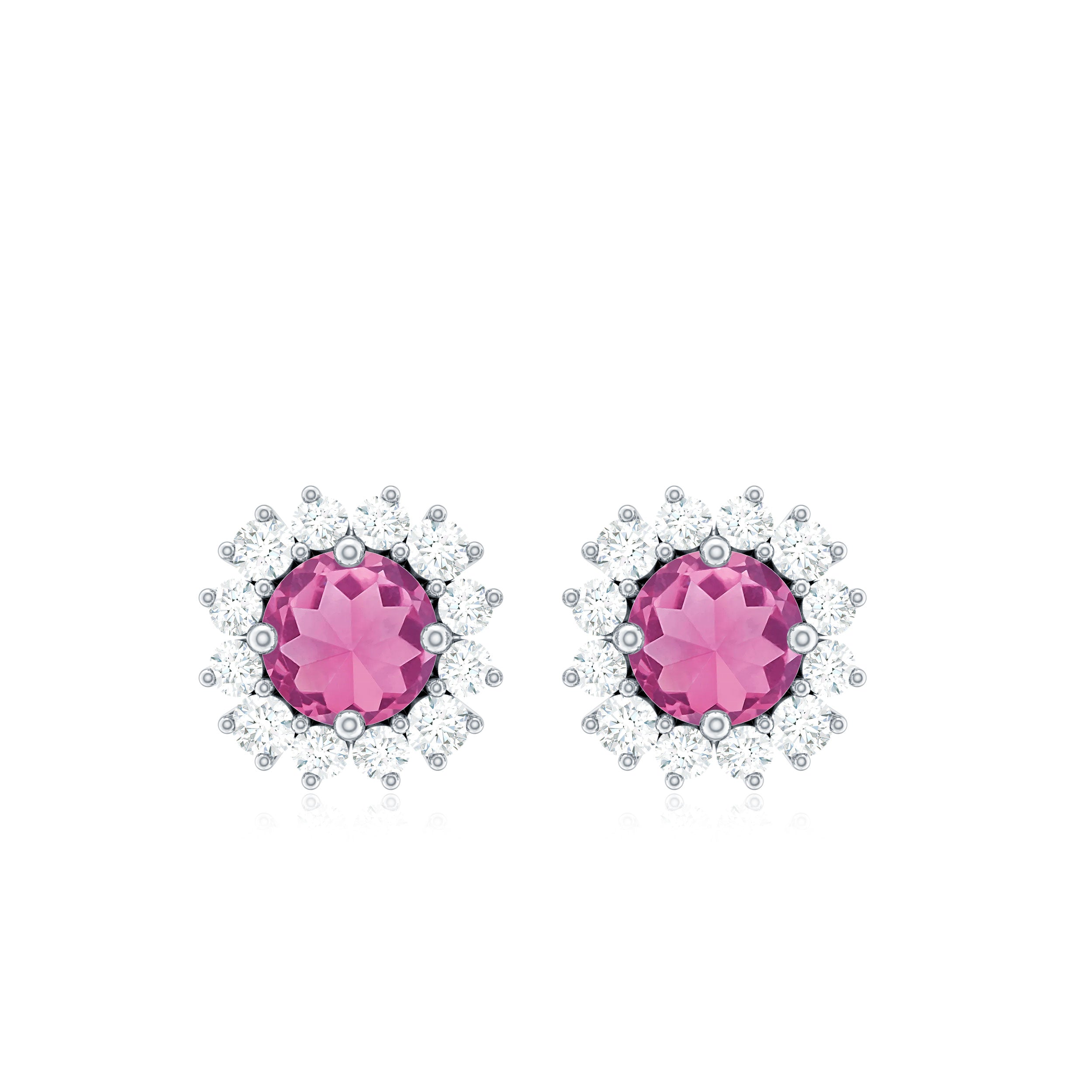 Natural Pink Tourmaline Stud Earrings with Diamond Halo