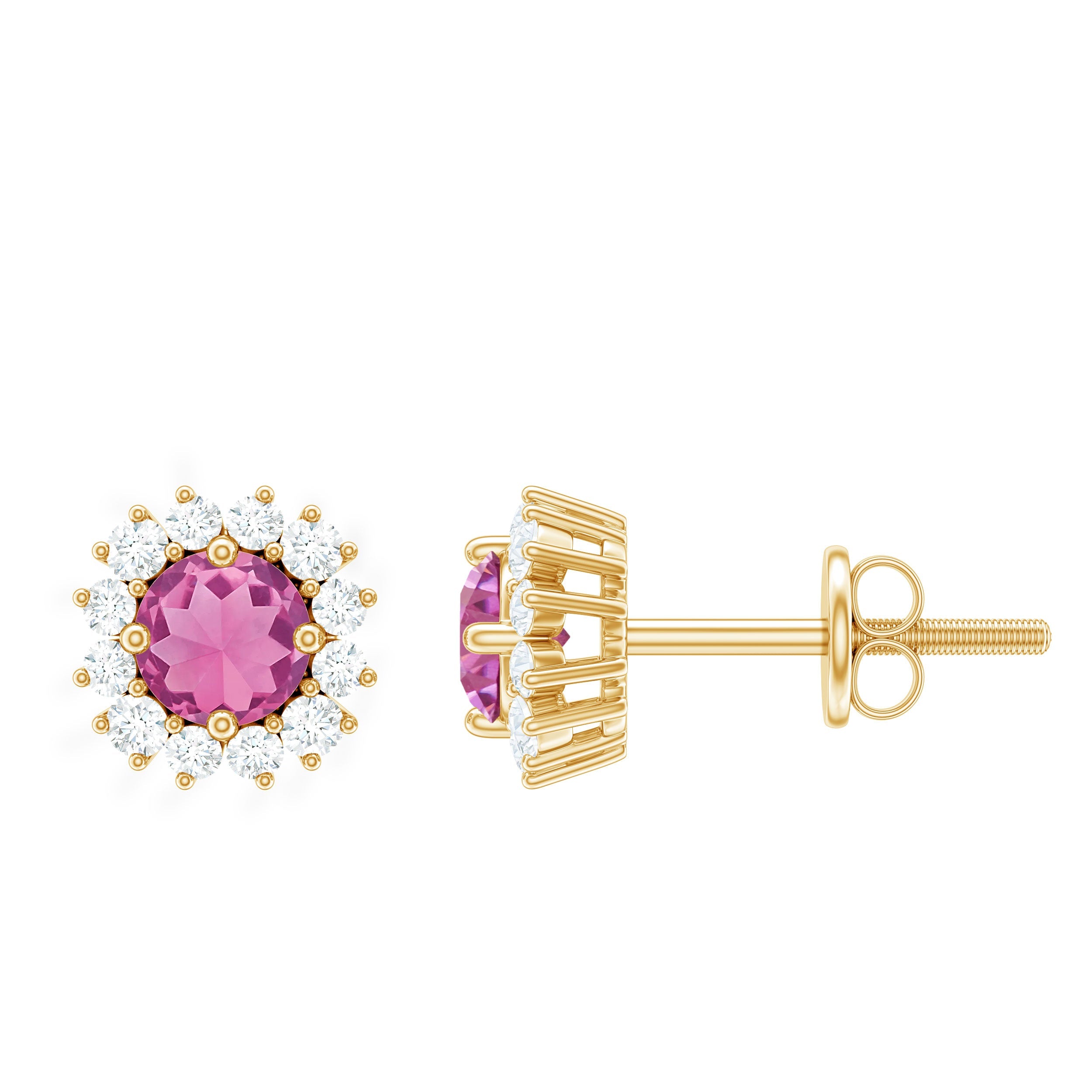 Natural Pink Tourmaline Stud Earrings with Diamond Halo | Earrings | Wiccan Center