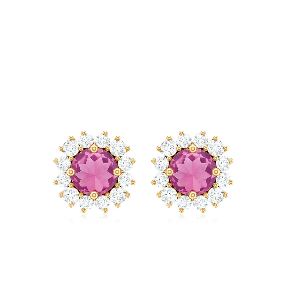 Natural Pink Tourmaline Stud Earrings with Diamond Halo