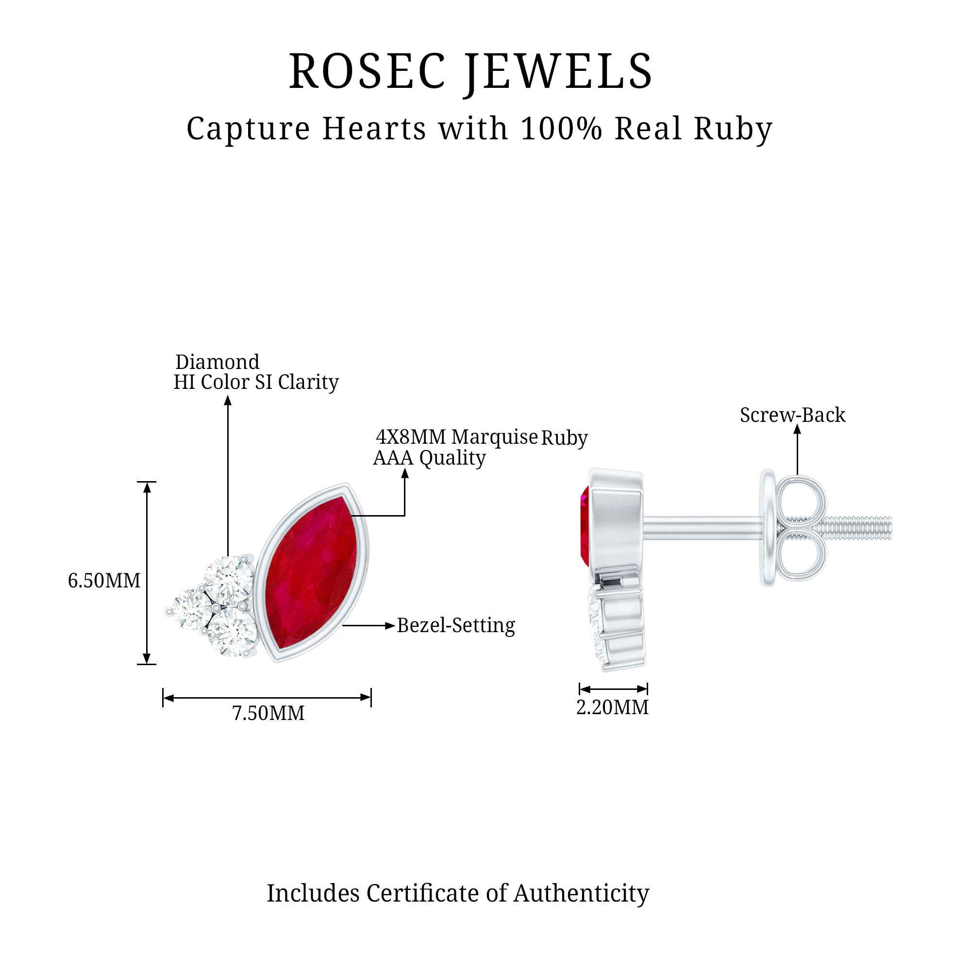 Marquise Cut Ruby Stud Earrings with Diamond Trio