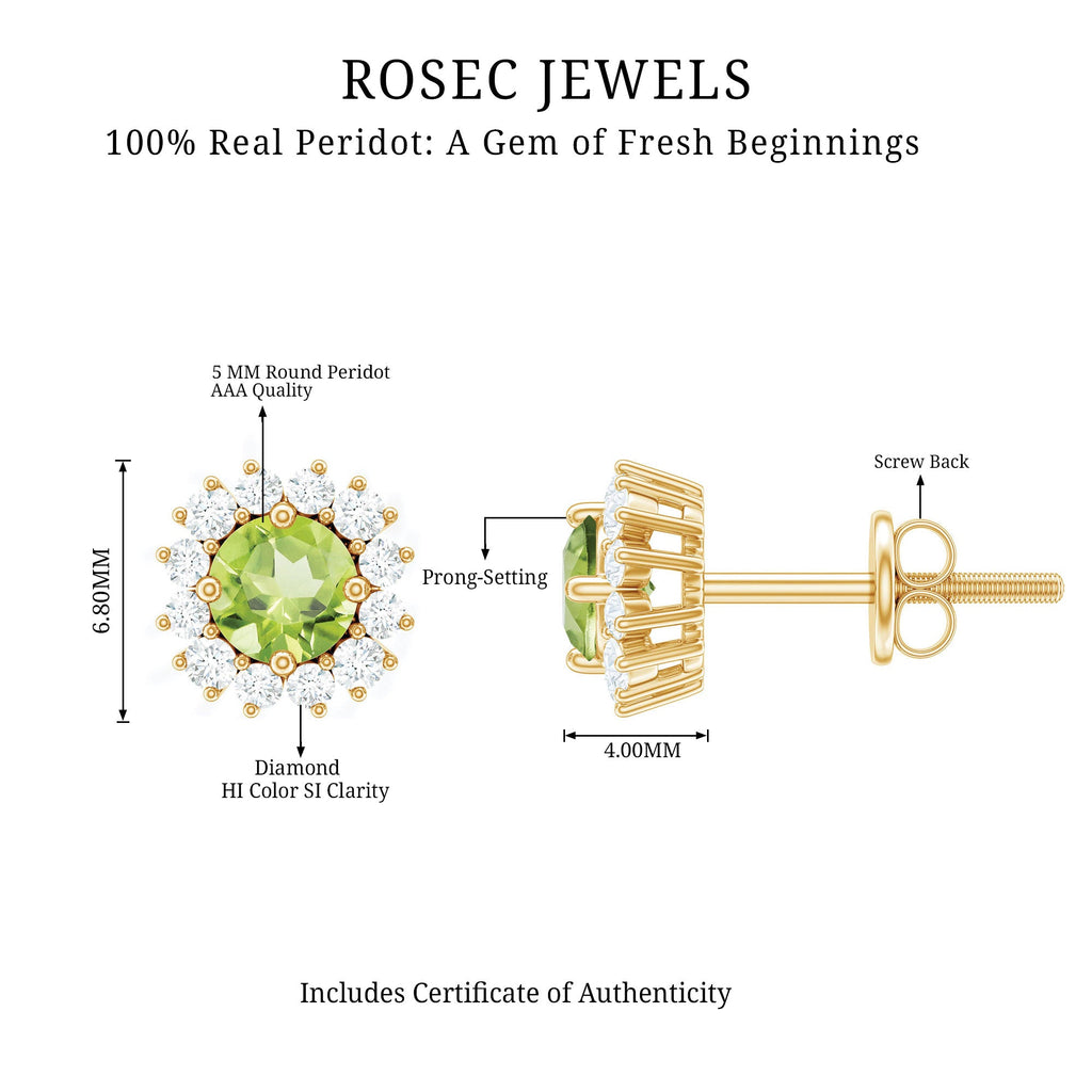 Natural 1 Carat Peridot Stud Earrings with Diamond Halo
