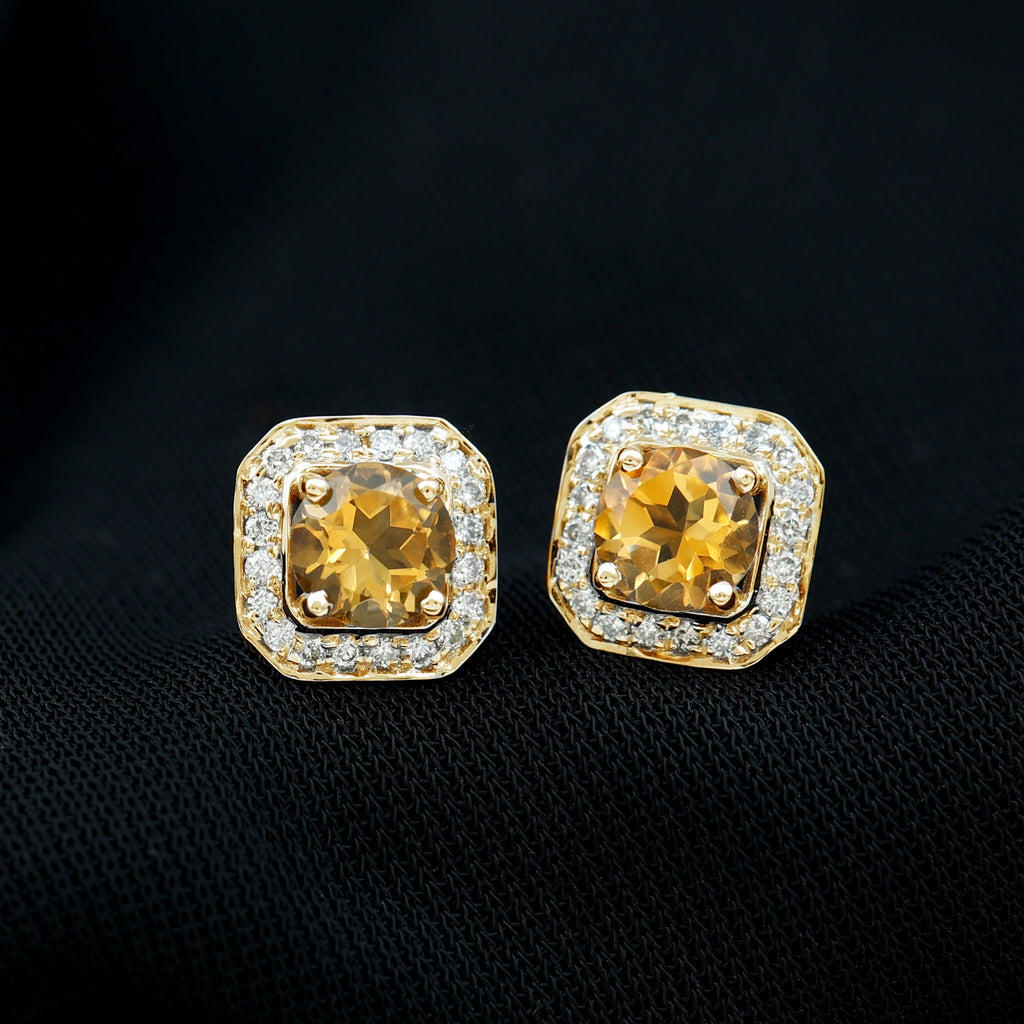 Vintage Inspired 1 Carat Citrine and Diamond Halo Stud Earrings