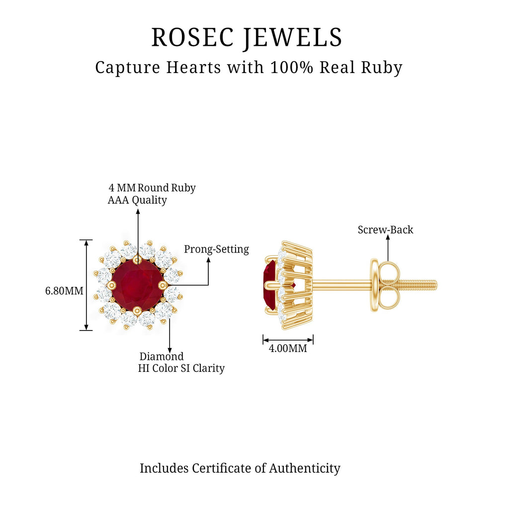 Genuine Ruby Stud Earrings with Diamond Halo