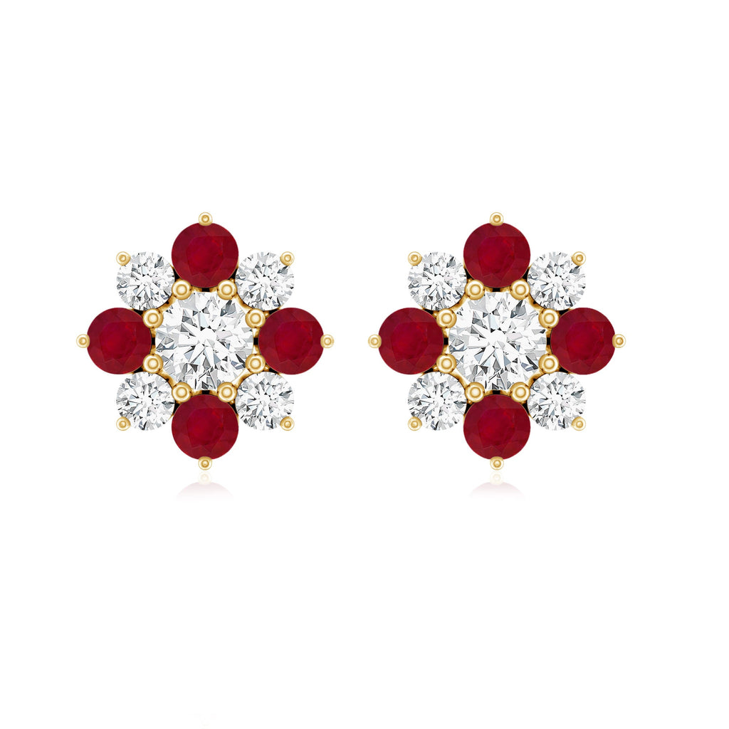 Real Diamond and Ruby Floral Stud Earrings