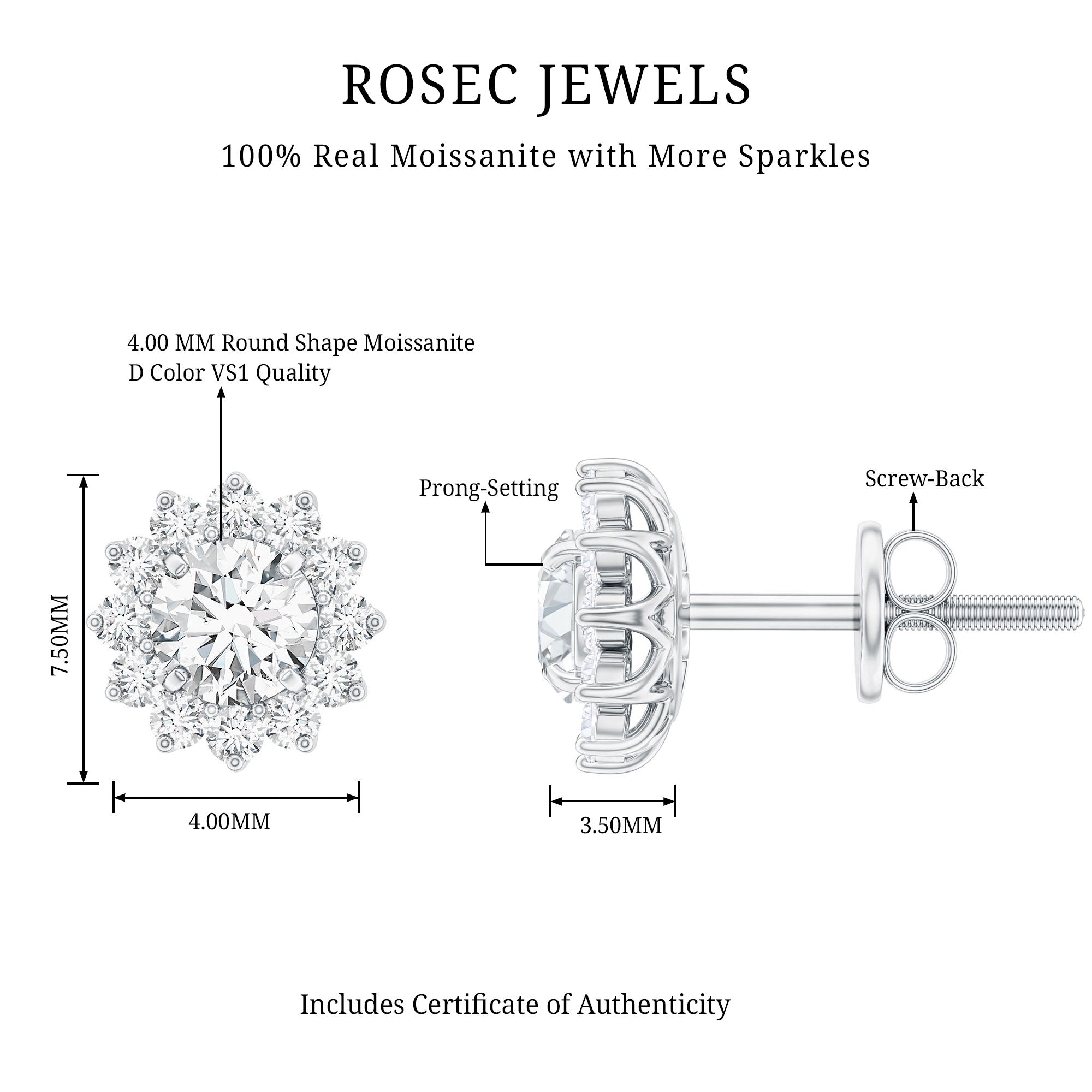 Certified Round Cut Moissanite Halo Stud Earrings for Women