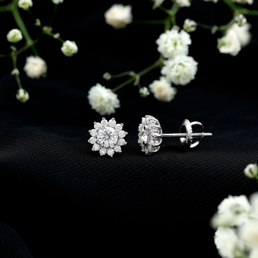 Certified Round Cut Moissanite Halo Stud Earrings for Women