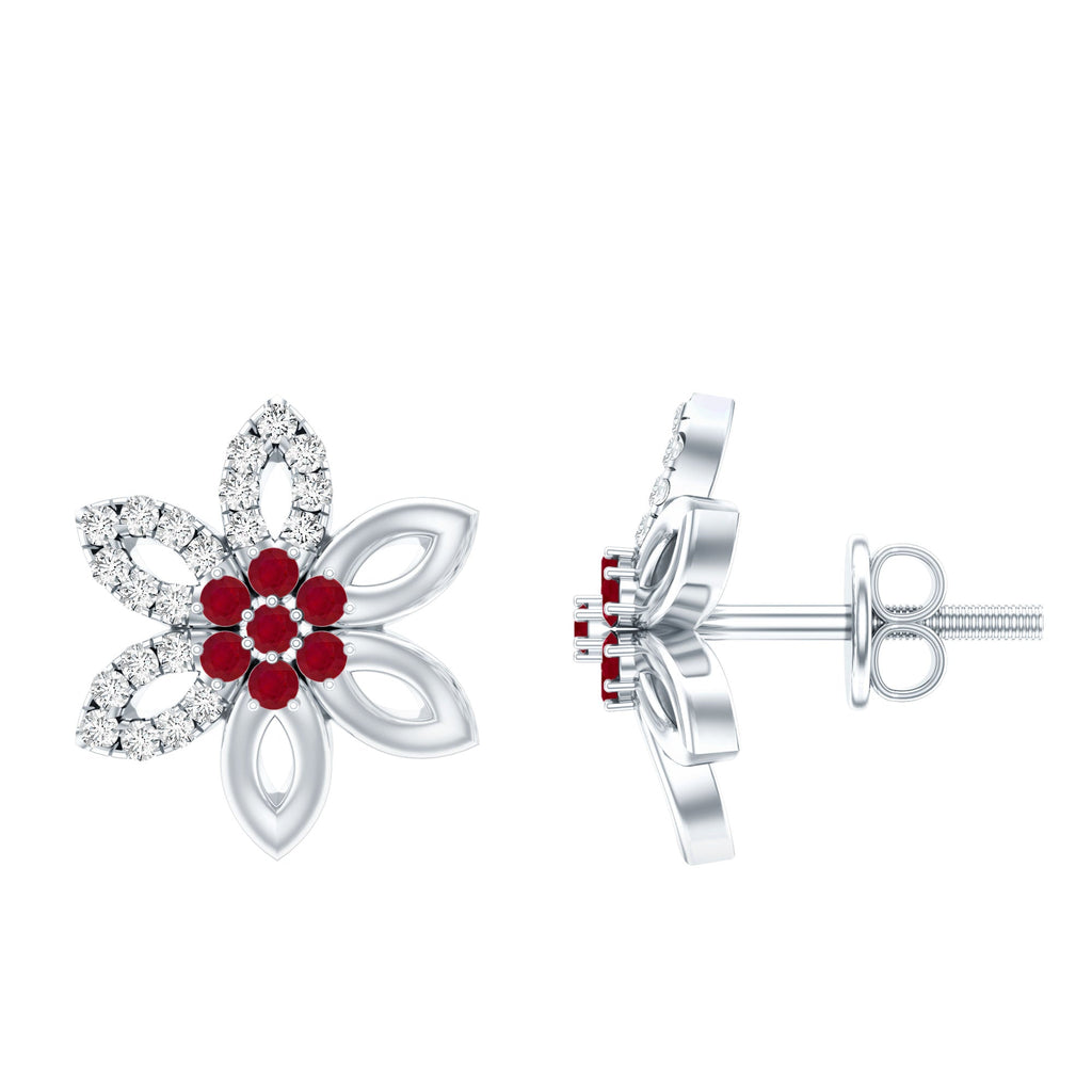 Natural Ruby Floral Stud Earrings with Diamond Stones