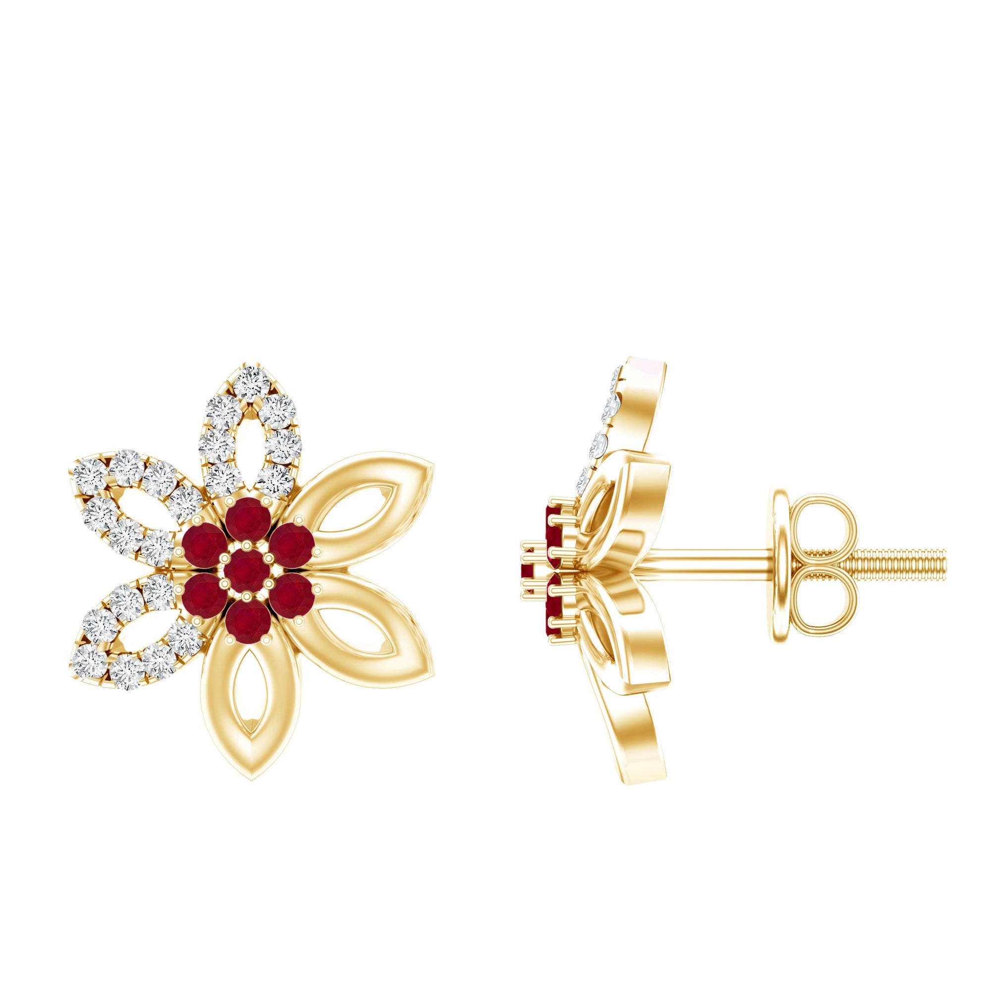 Natural Ruby Floral Stud Earrings with Diamond Stones | Earrings | Wiccan Center