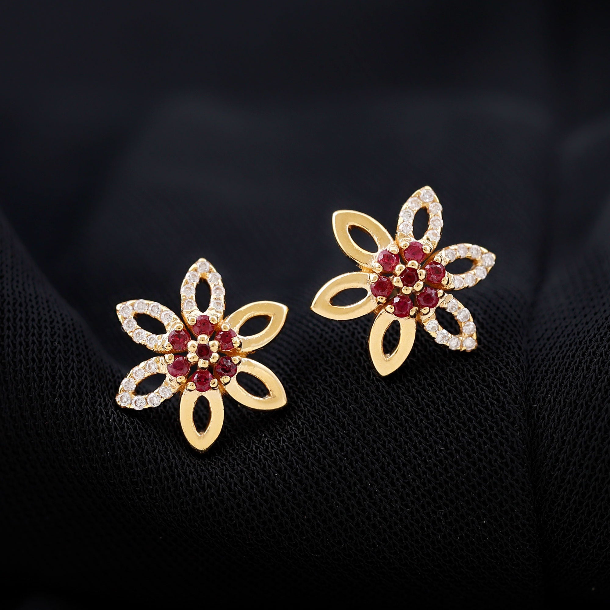 Natural Ruby Floral Stud Earrings with Diamond Stones