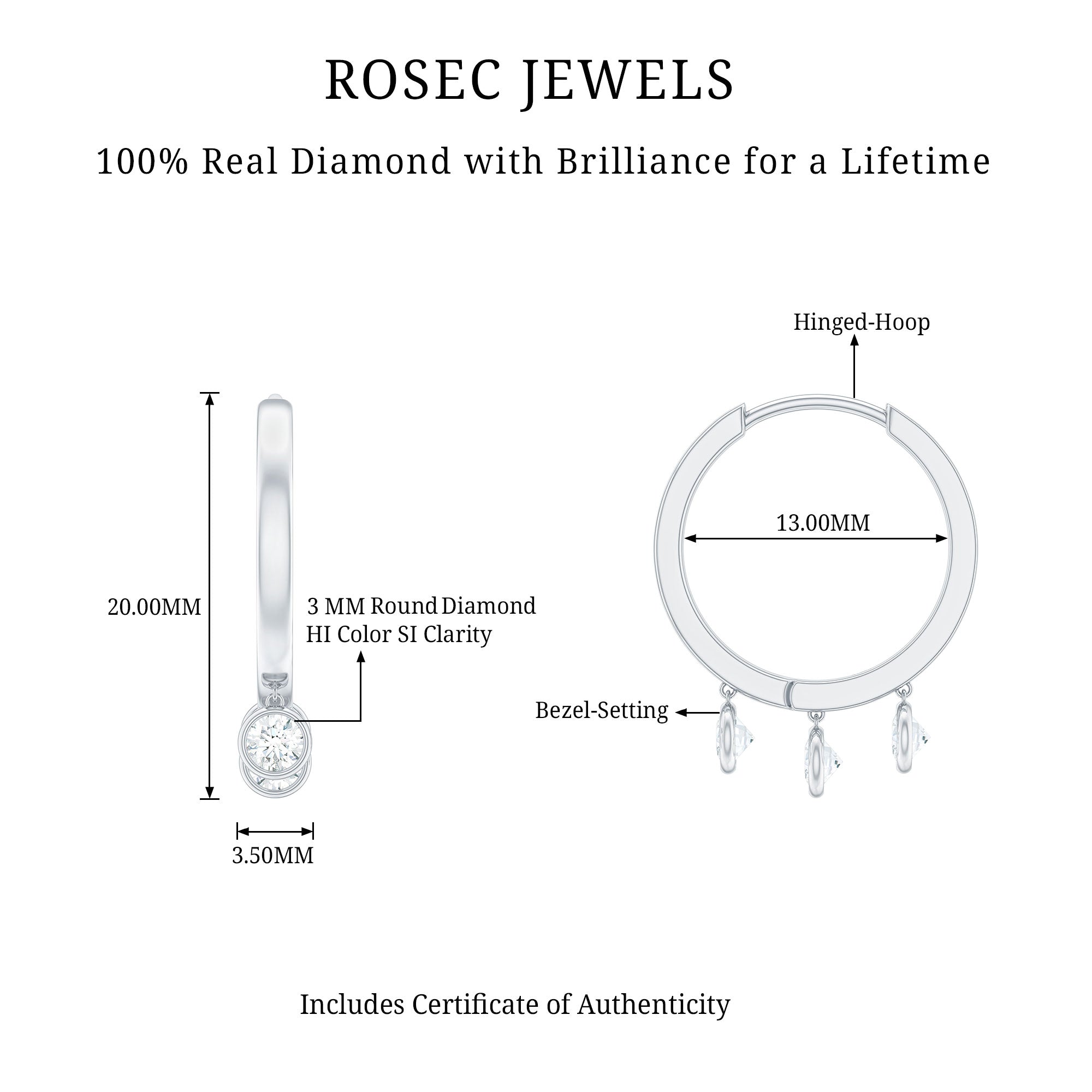 Natural 3 Stone Diamond Drop Hoop Earrings