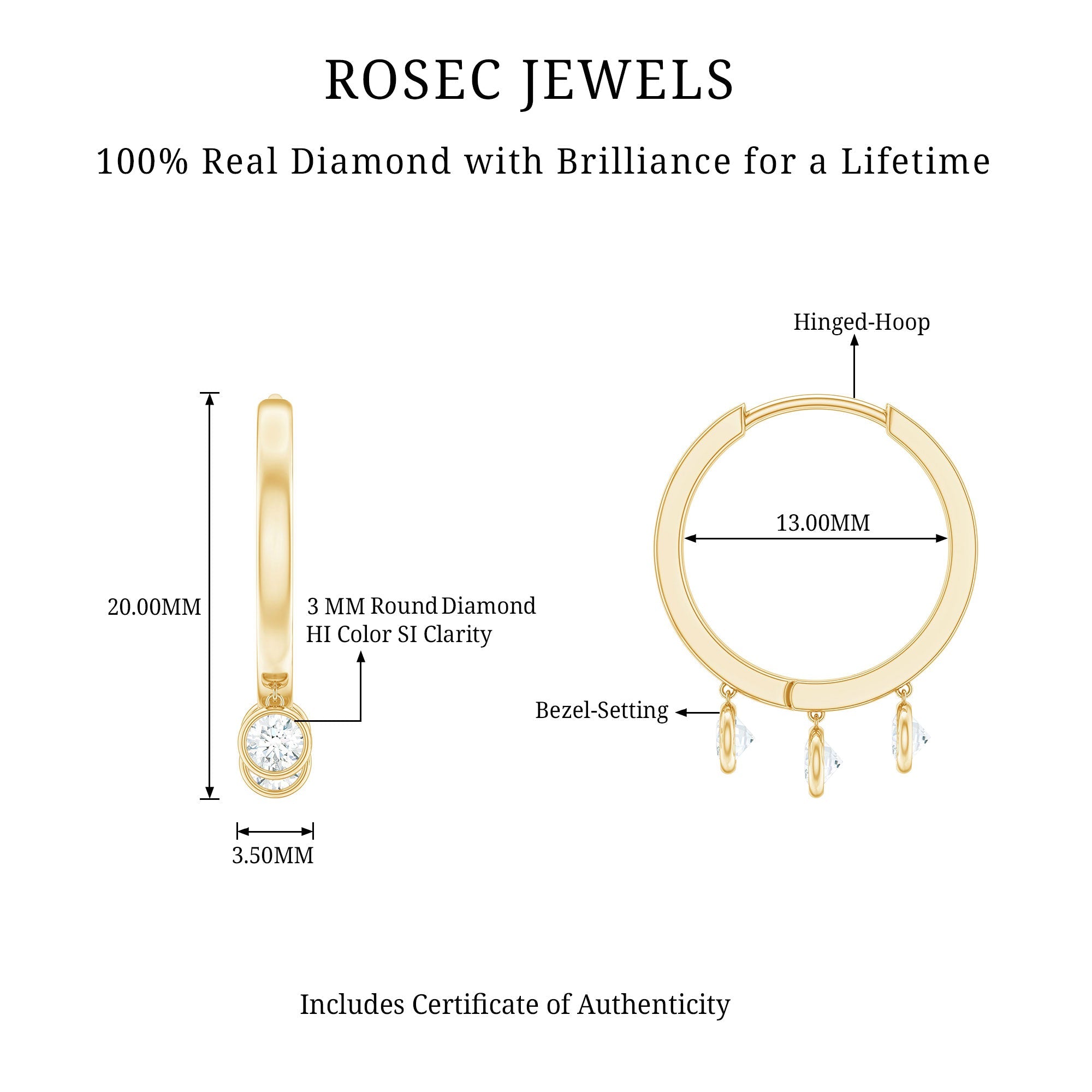 Natural 3 Stone Diamond Drop Hoop Earrings