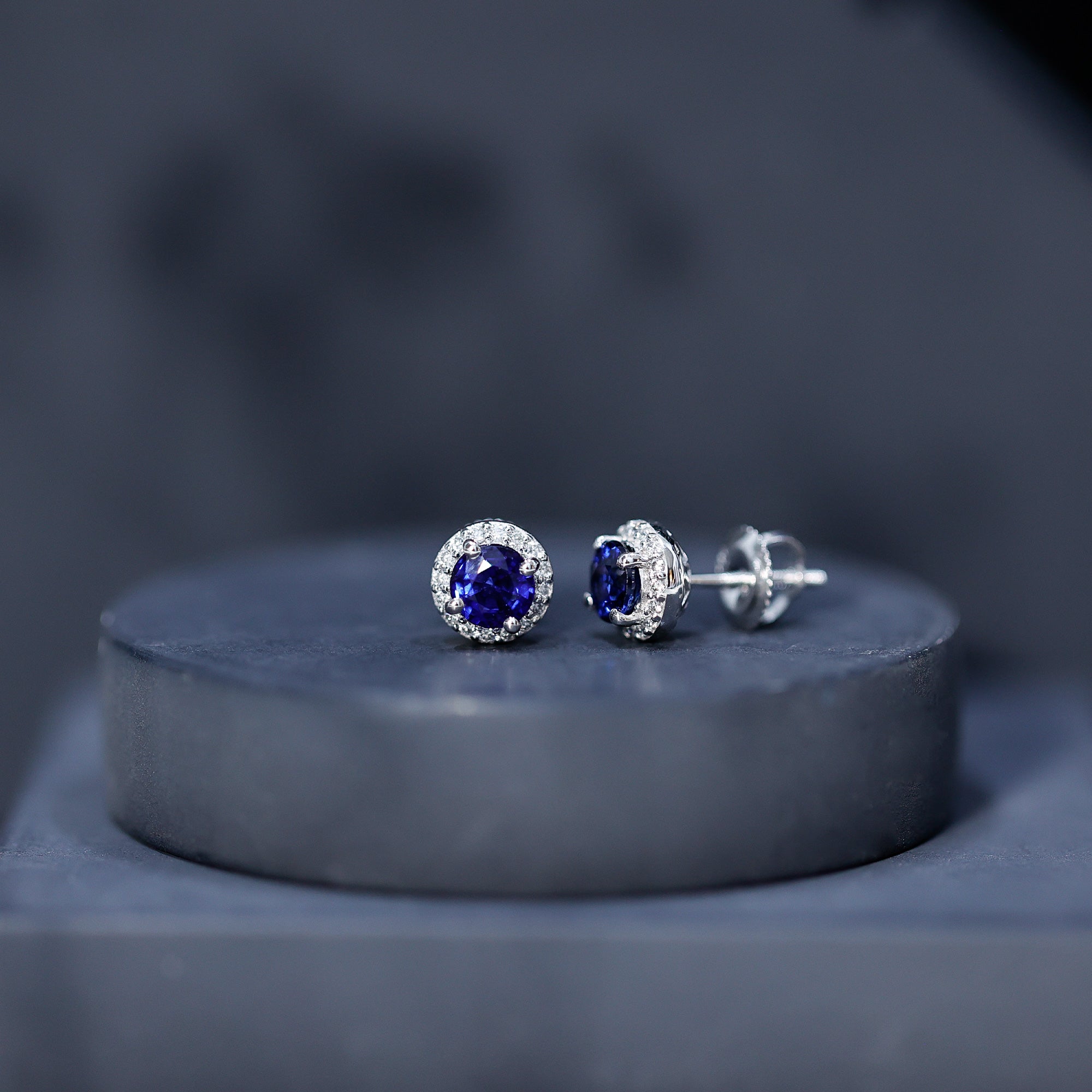 Real 1.9 Carat Blue Sapphire and Diamond Halo Stud Earrings