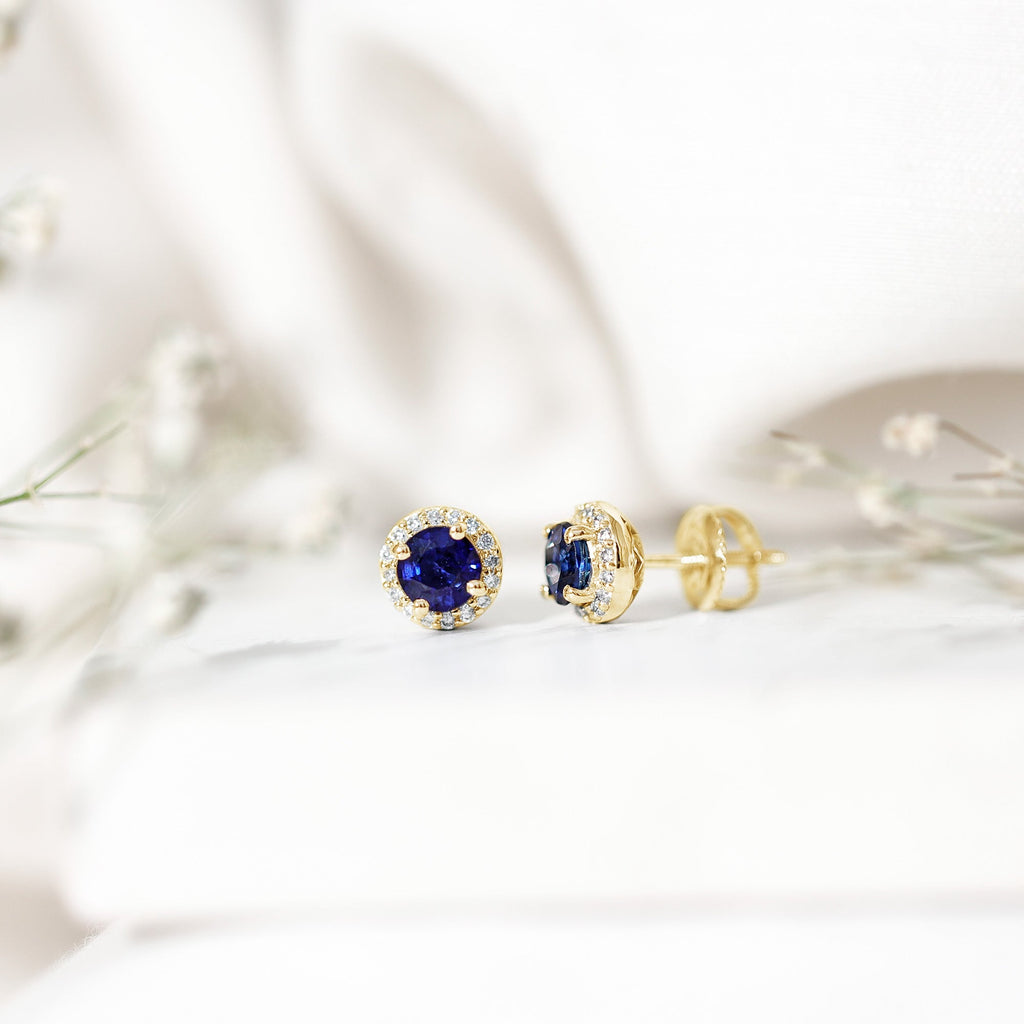 Real 1.9 Carat Blue Sapphire and Diamond Halo Stud Earrings