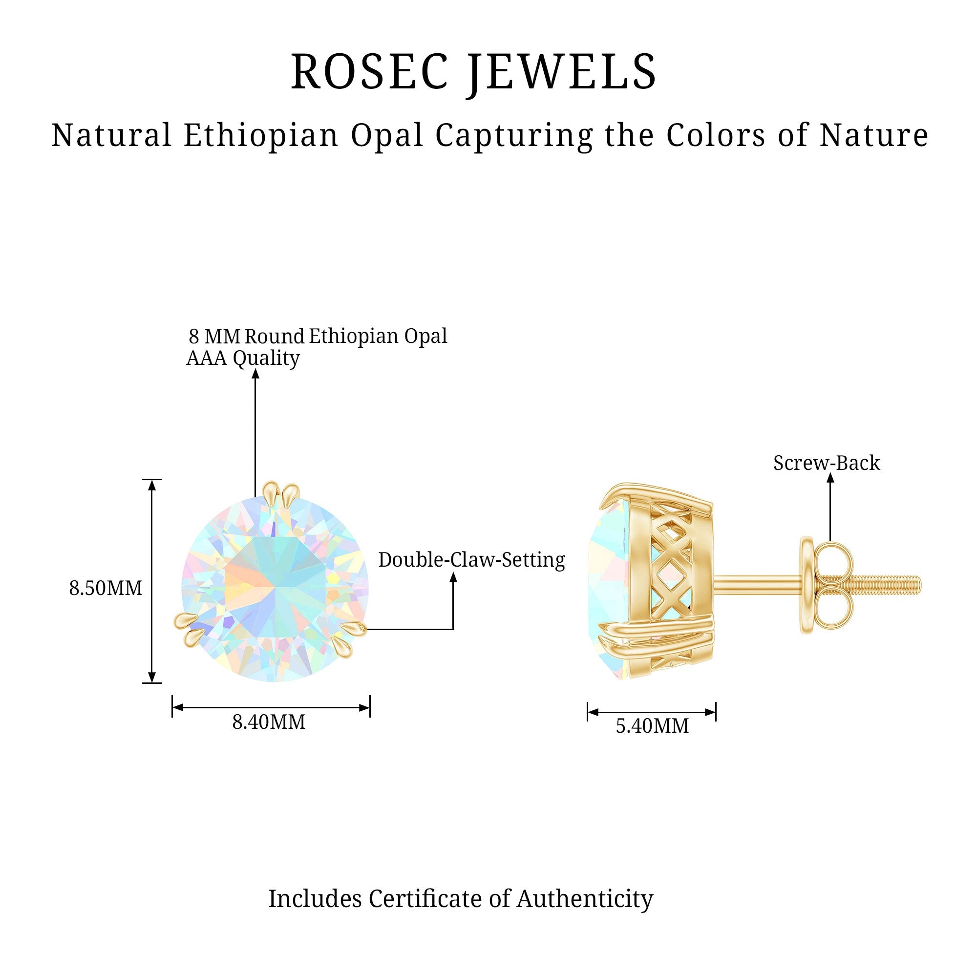 4 Carat Ethiopian Opal Solitaire Stud Earrings in Double Prong Setting