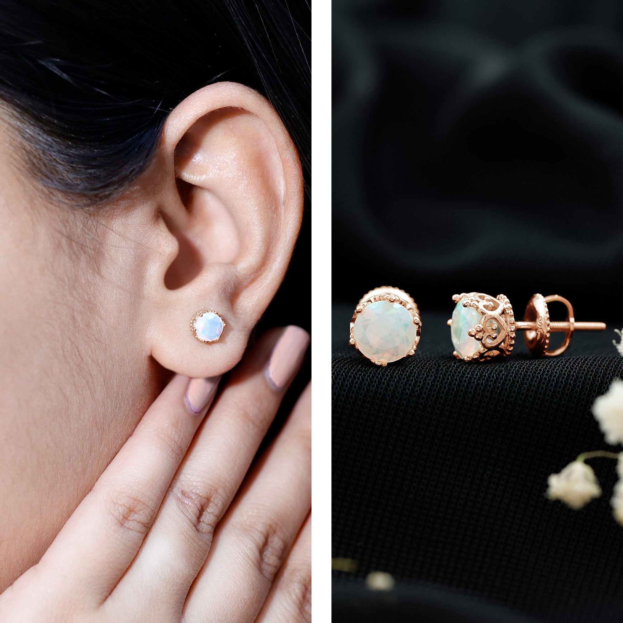 Natural Ethiopian Opal Crown Stud Earrings with Screw Back