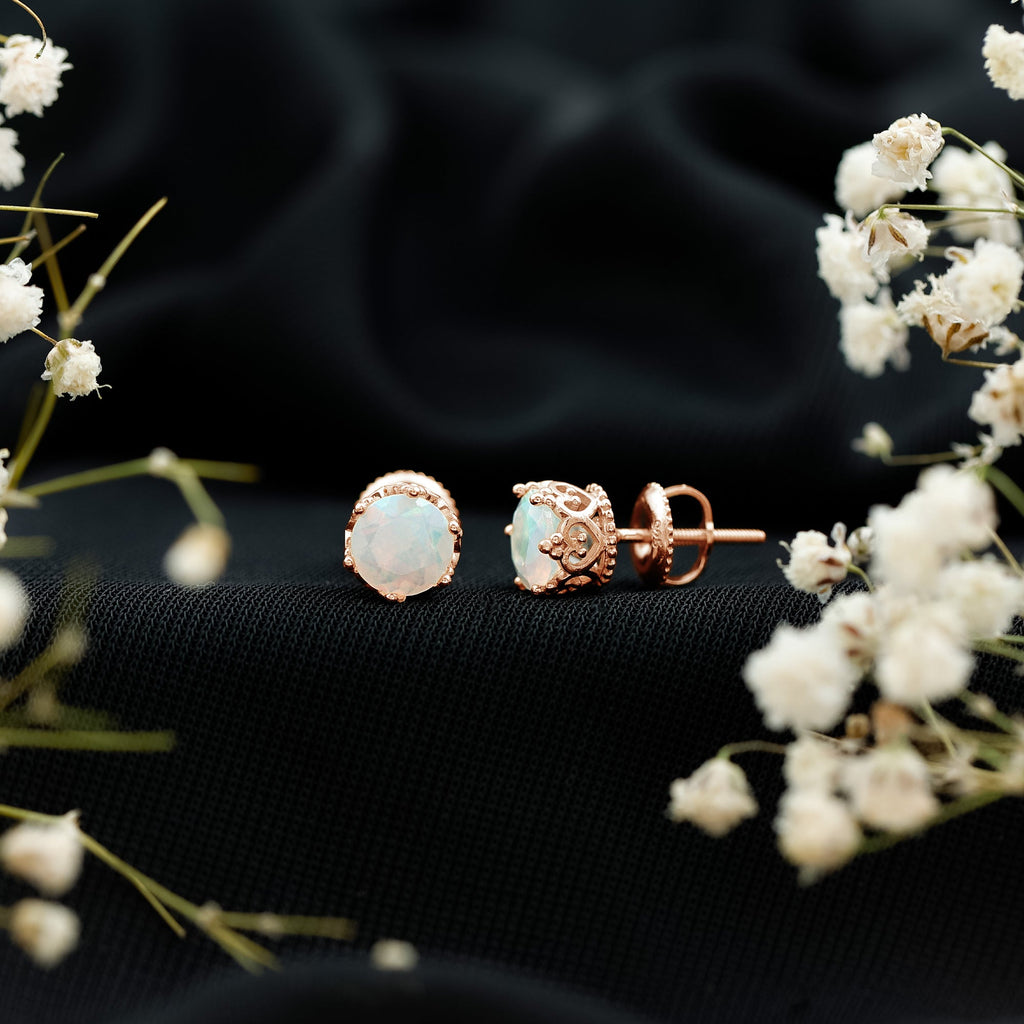 Natural Ethiopian Opal Crown Stud Earrings with Screw Back