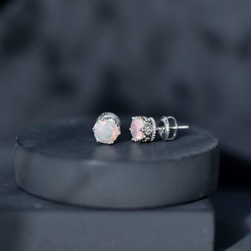 Natural Ethiopian Opal Crown Stud Earrings with Screw Back