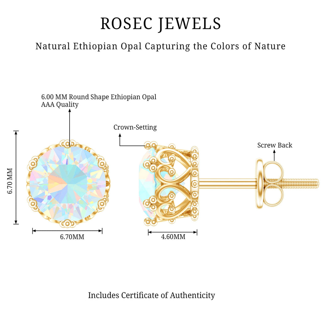 Natural Ethiopian Opal Crown Stud Earrings with Screw Back