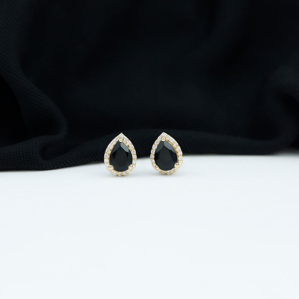 2 Carat Pear Cut Black Onyx and Diamond Halo Stud Earrings