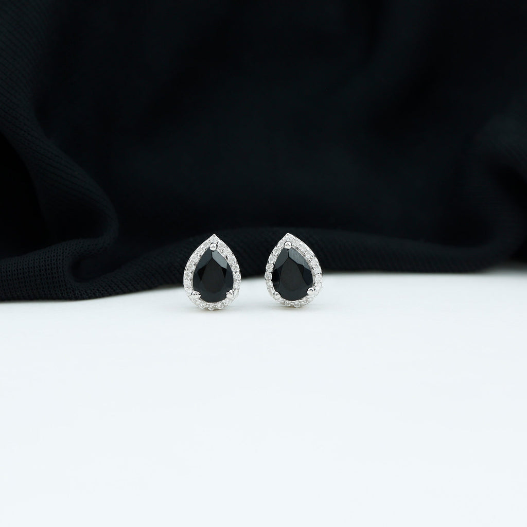 Natural 1.2 Carat Pear Shape Black Spinel Earrings with Diamond Halo