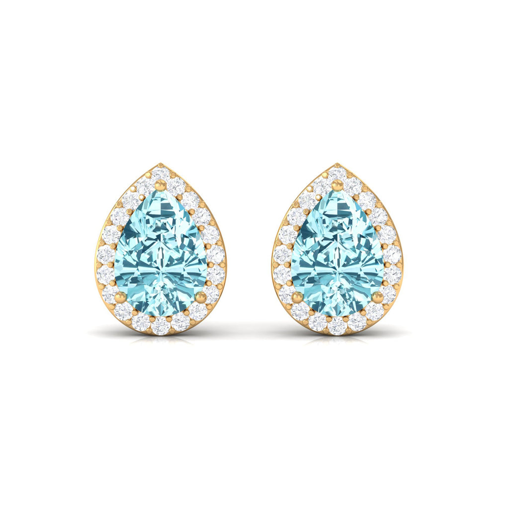 Natural Pear Shape Aquamarine Stud Earrings with Diamond Halo