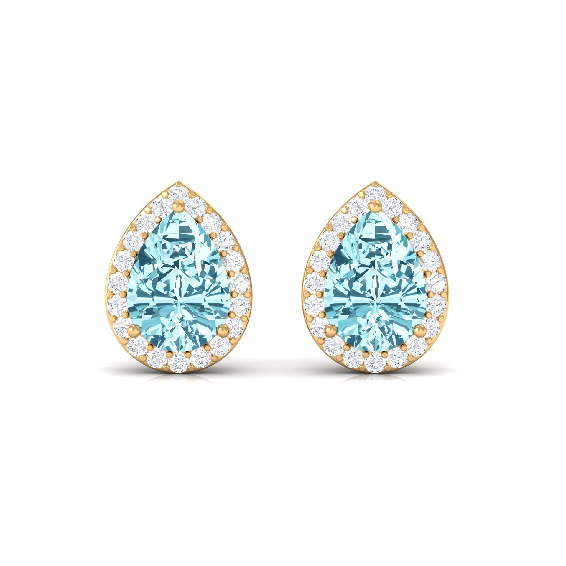 Natural Pear Shape Aquamarine Stud Earrings with Diamond Halo