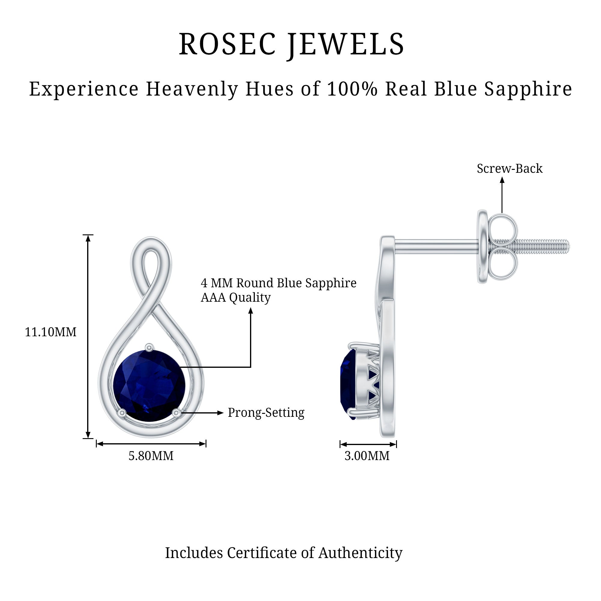 0.8 Carat Round Cut Blue Sapphire Solitaire Infinity Stud Earrings