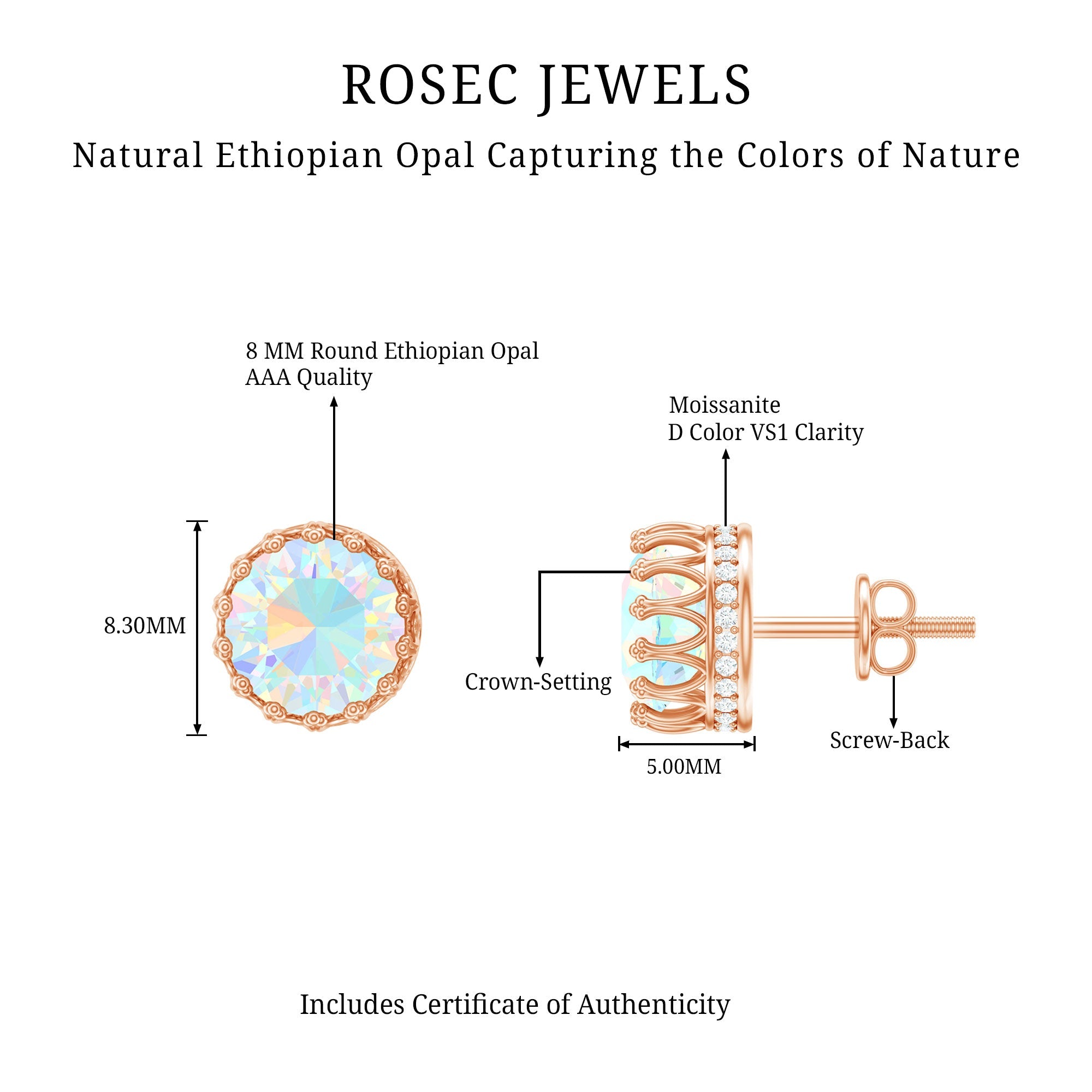 Real Ethiopian Opal Crown Stud Earrings with Certificate