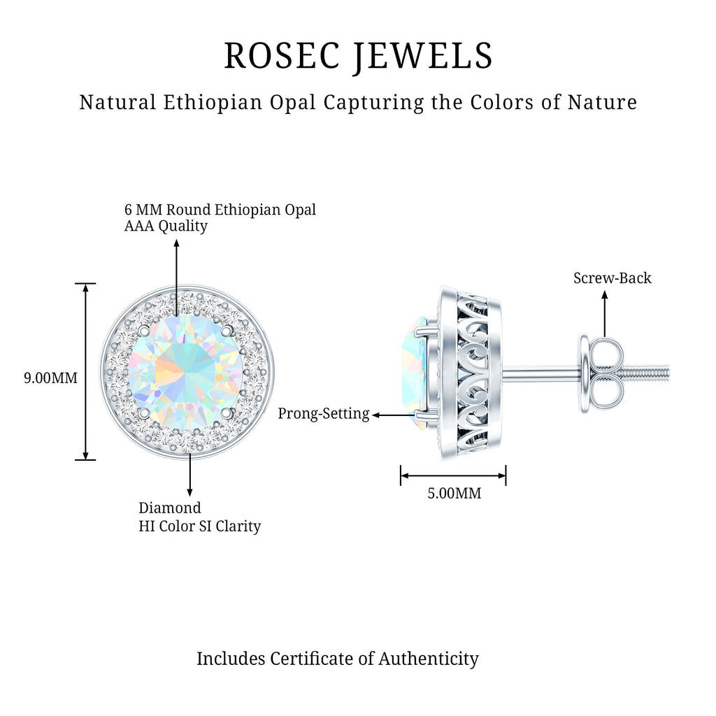 1.6 Carat Round Ethiopian Opal and Diamond Halo Stud Earrings