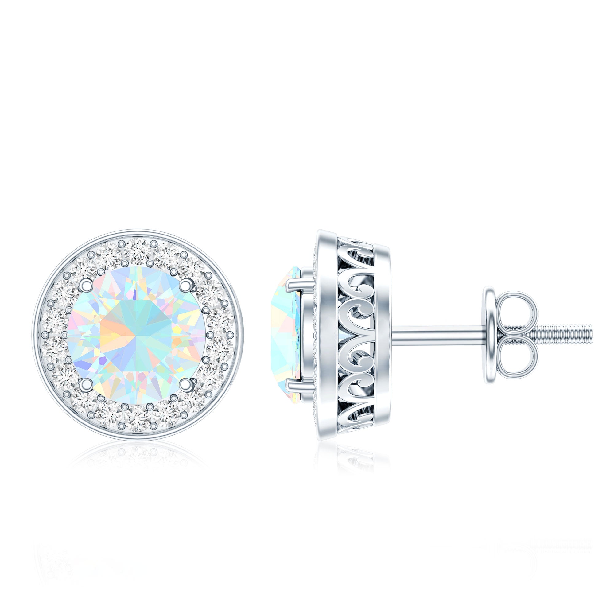 1.6 Carat Round Ethiopian Opal and Diamond Halo Stud Earrings