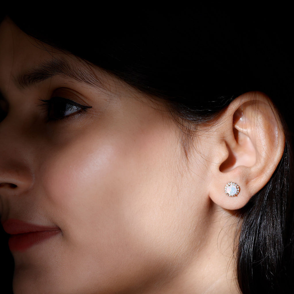 Natural Ethiopian Opal and Moissanite Halo Stud Earrings