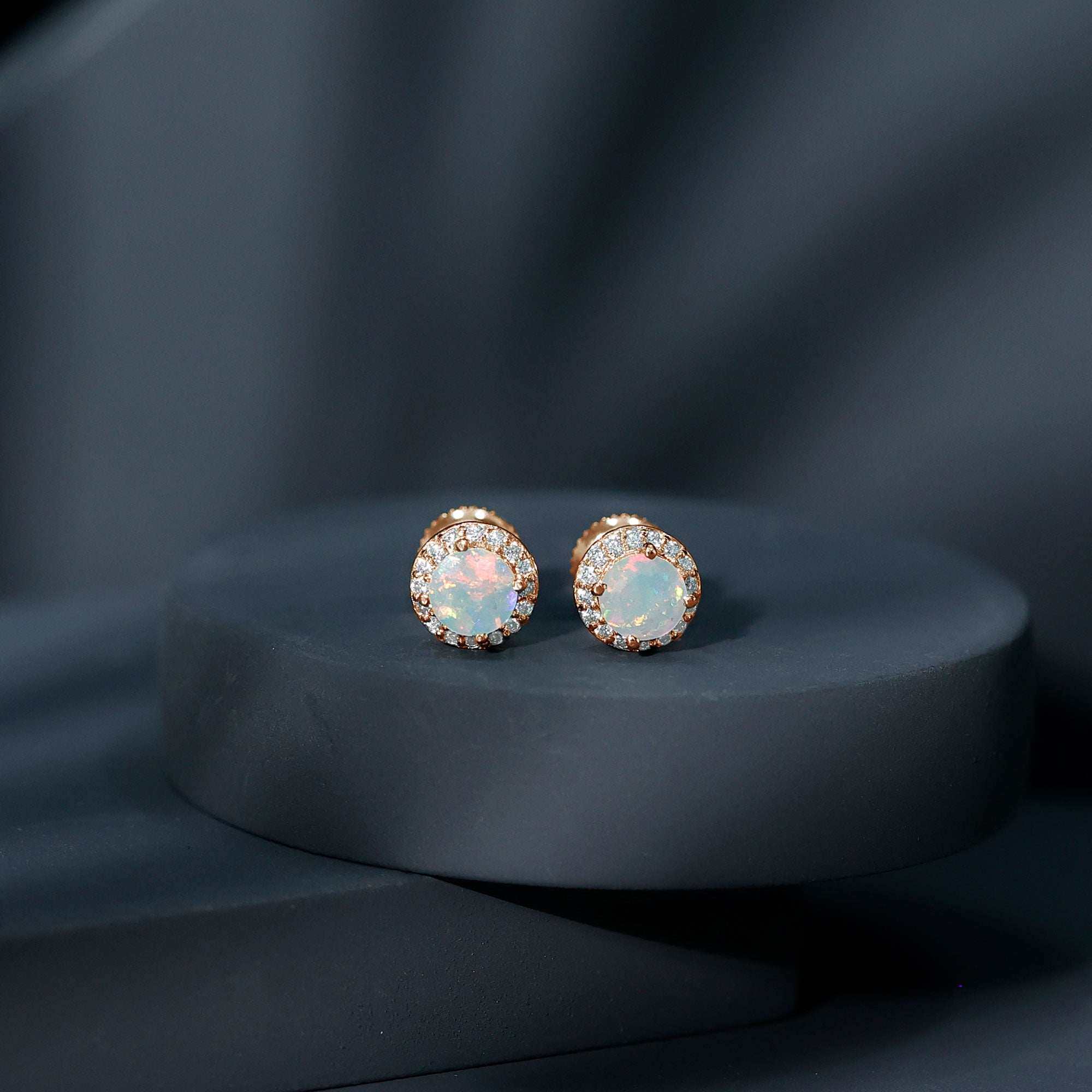 Natural Ethiopian Opal and Moissanite Halo Stud Earrings