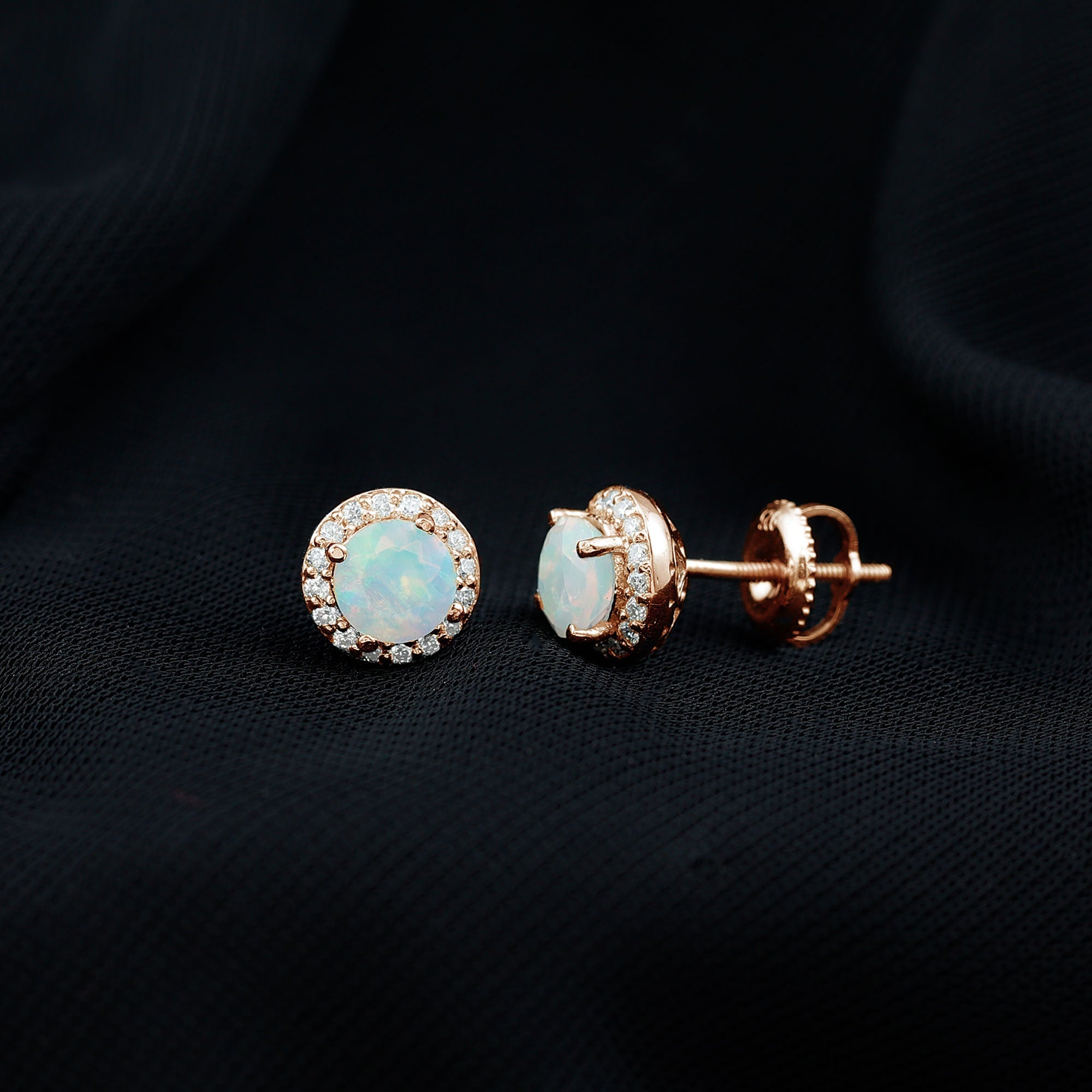 Natural Ethiopian Opal and Moissanite Halo Stud Earrings
