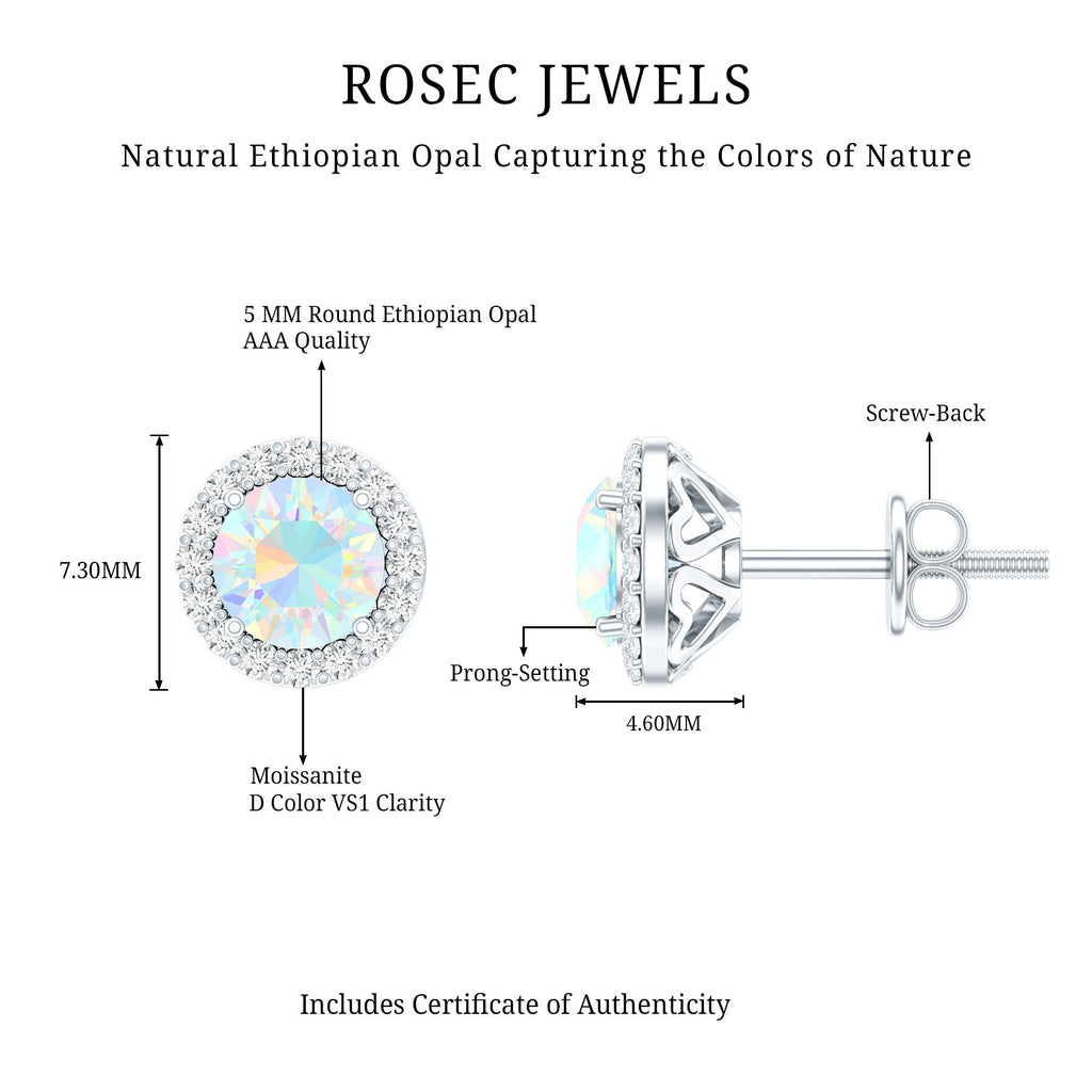 Natural Ethiopian Opal and Moissanite Halo Stud Earrings