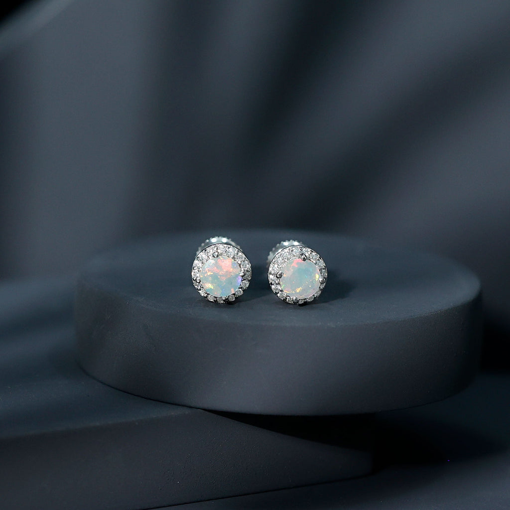 Natural Ethiopian Opal and Moissanite Halo Stud Earrings