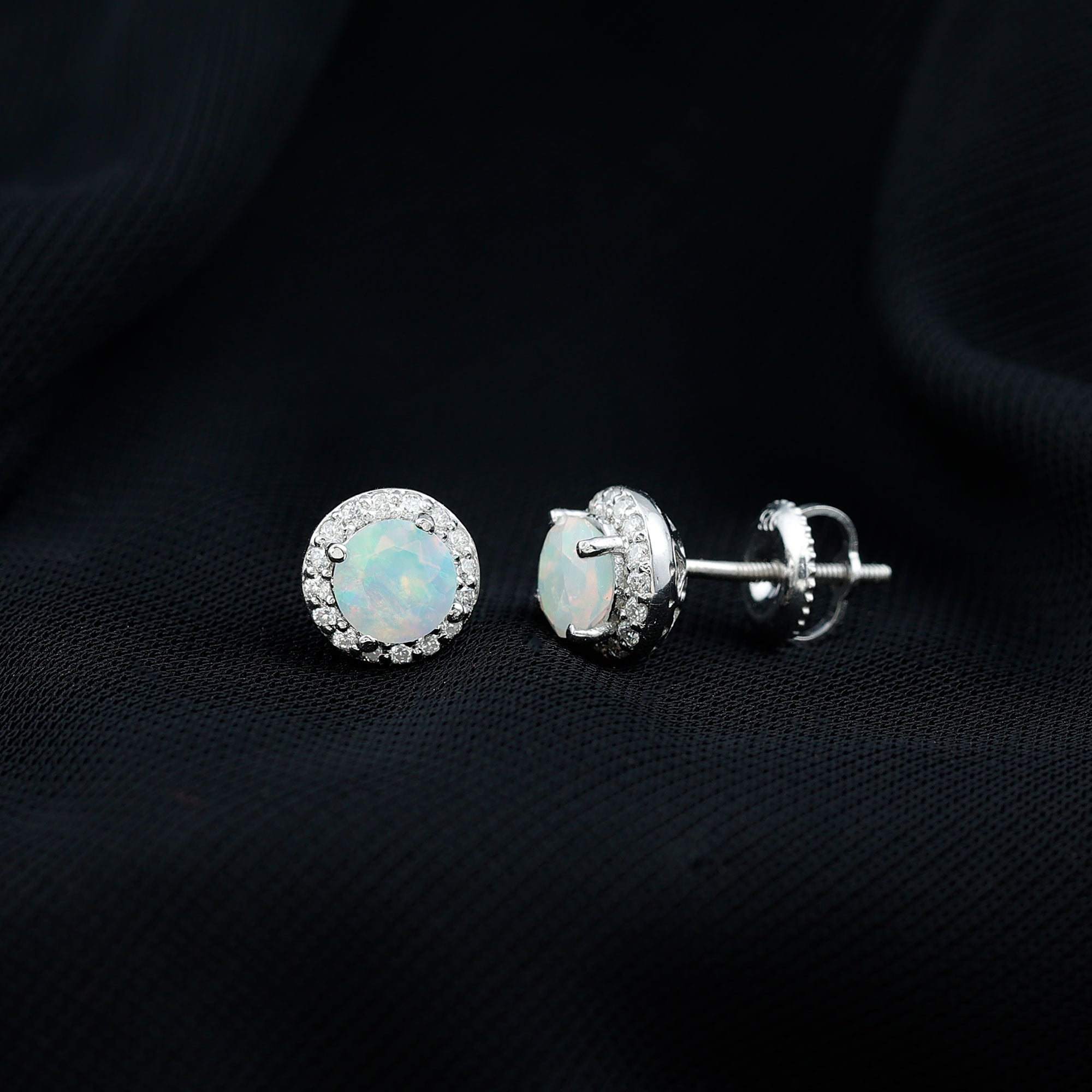 Natural Ethiopian Opal and Moissanite Halo Stud Earrings