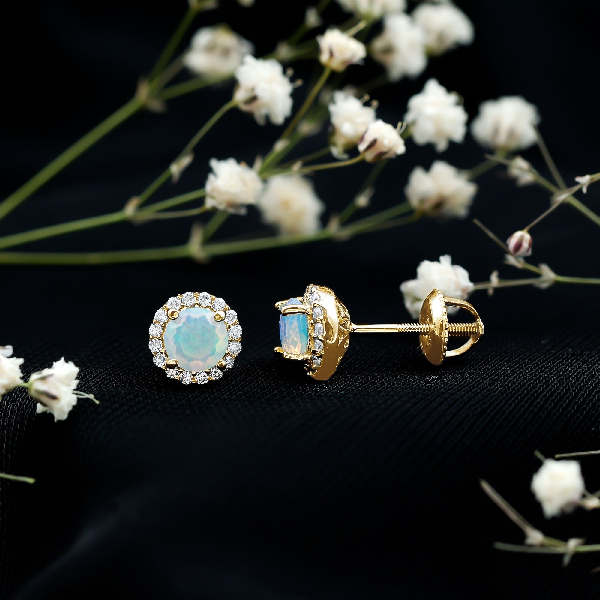Natural Ethiopian Opal and Moissanite Halo Stud Earrings