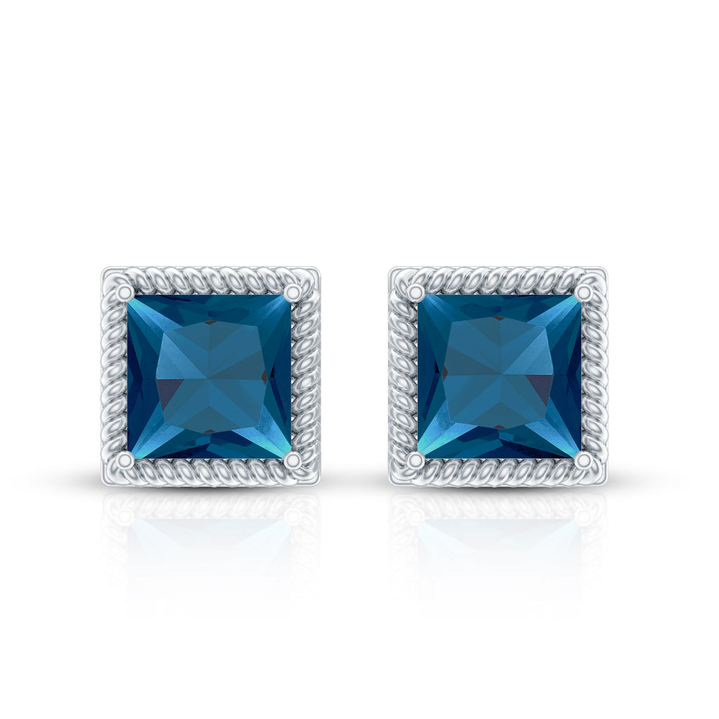 2 Carat Princess Cut London Blue Topaz Stud Earrings