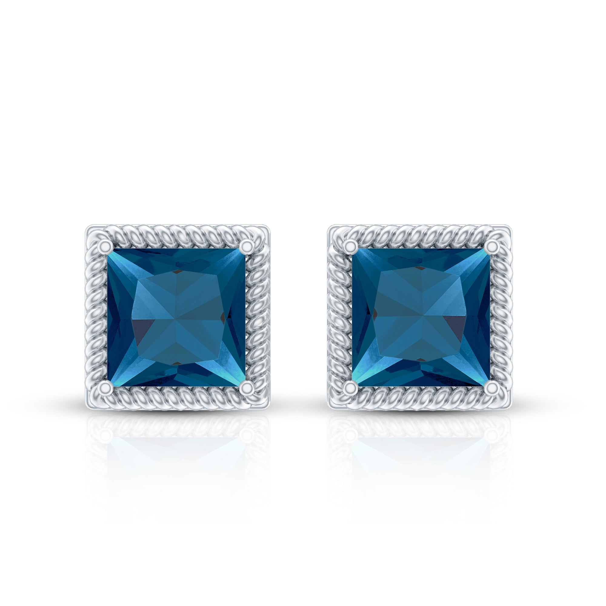 2 Carat Princess Cut London Blue Topaz Stud Earrings